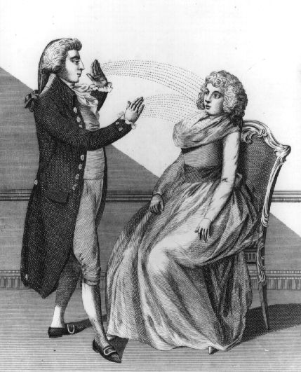 Illustration ancienne représentant une séance d'hypnose en groupe
